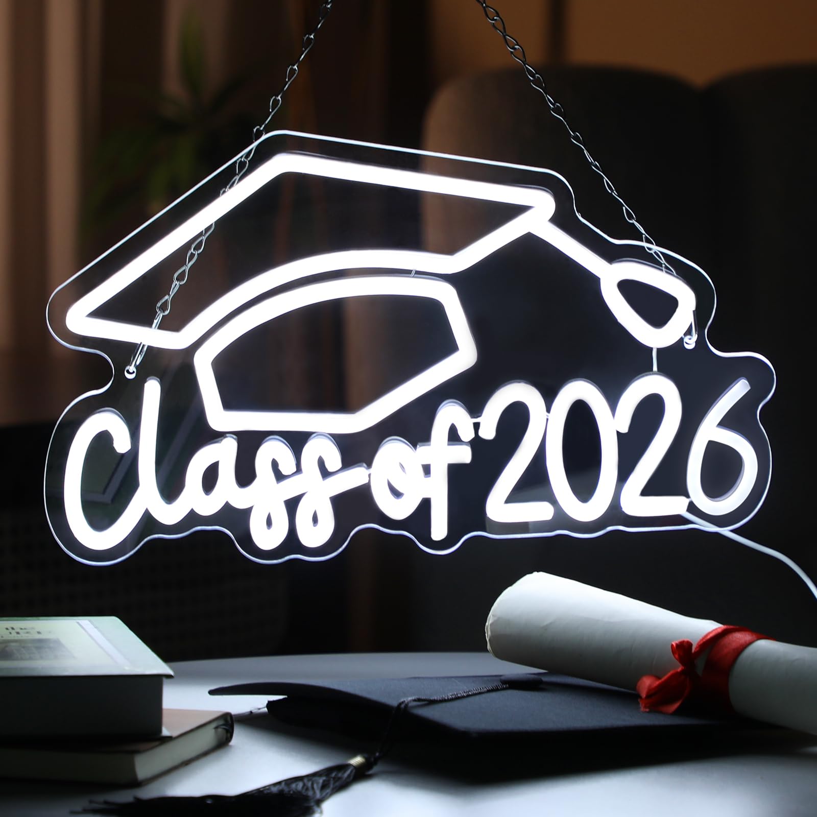 Class of 2026 Neon Sign, Grad Led Neon Sign, Graduation Wall Decor with Graduation Cap LED Lights, USB Powered Acrylic Prom Sign for Grad Party Decoration, Photo Backdrop, Table Centerpiece Gifts
