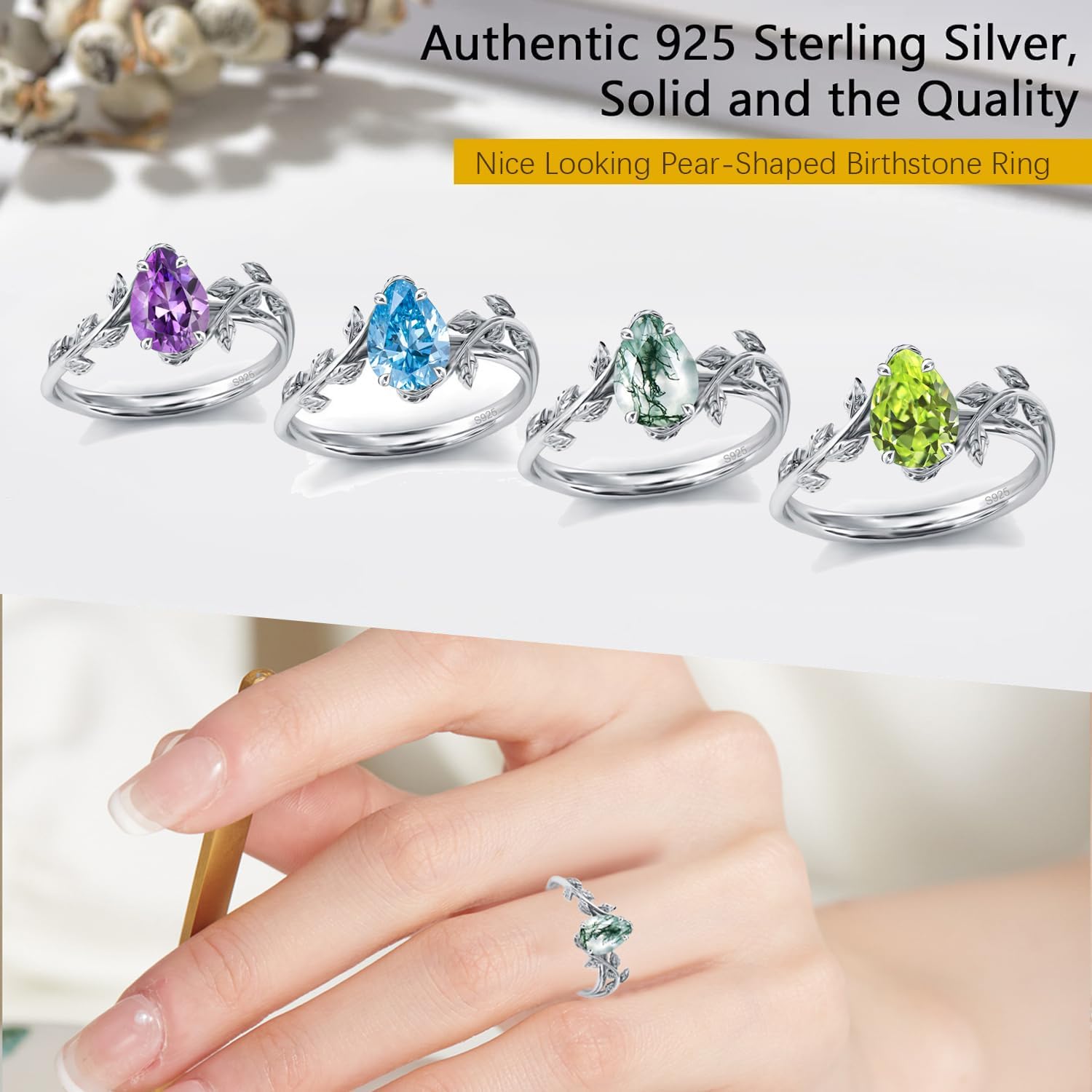 Wasee Natural Moss Agate Ring 925 Sterling Silver Opal Birthstone Ring 925 Sterling Silver Leaf Promise Ring for Her Birthday Anniversary Jewelry for Women - Image 5