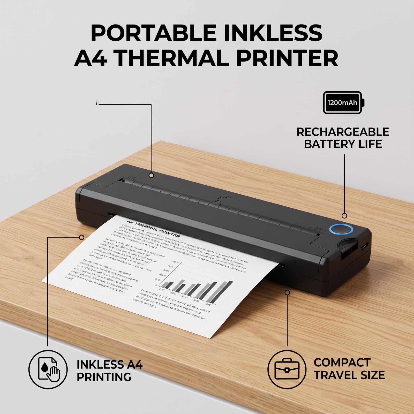 FTVOGUE Imprimante Thermique Portable A4 203 Dpi BT Imprimante sans Encre