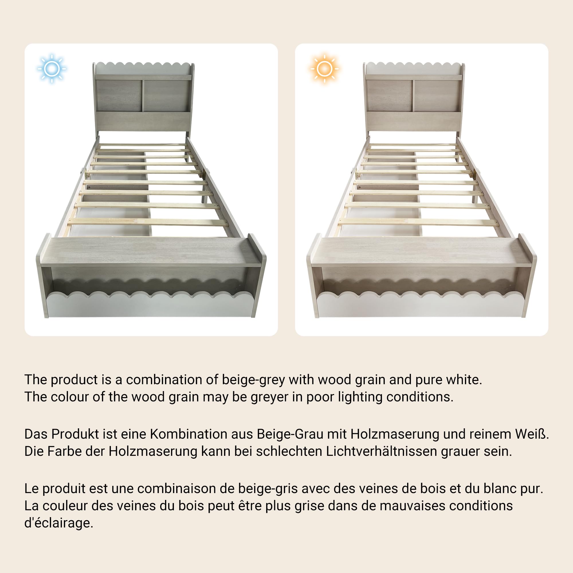 LAKFEW Cama 90x190 cm Camas Infantiles con Banco de Almacenaje y 2 Cajones, Cama Individual Camas Juveniles con Almacenamiento en Cabecero, Estructura de Madera, Blanco+Roble Claro, Sin Colchón