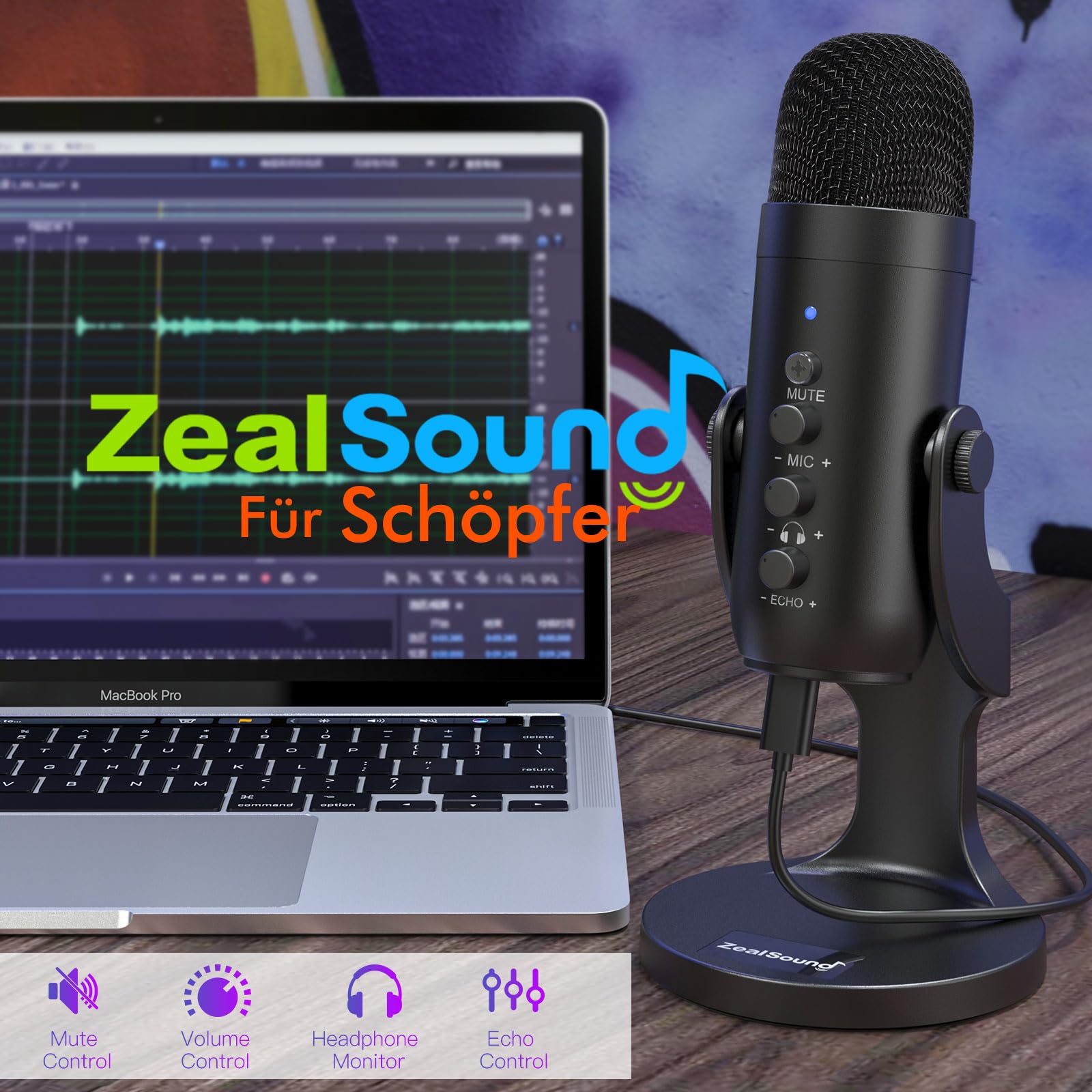 Zealsound USB Kondensator Mikrofon für PC Laptop Handy, Plug & Play Tischmikrofon mit Rauschunterdrückung, Mute, Gain & Echo, Gaming Streaming Podcast ASM Aufnahmen, k66 Schwarz