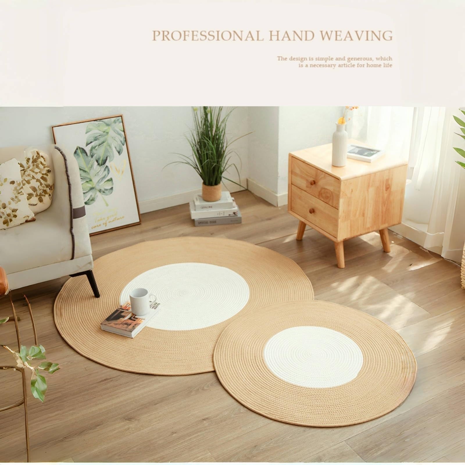 Generico 1 pz Tappeto rotondo in iuta intrecciato a mano, beige, reversibile, for soggiorno, cucina,decorazione for pavimento(01,120x120cm)