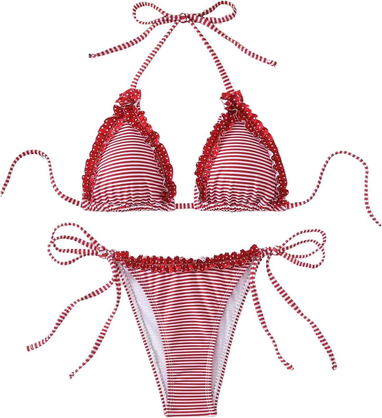 Verdusa Women's 2 Piece Striped Halter String Cute Bikini Sets Swim Suits Cheeky Triangle Bathing Suit