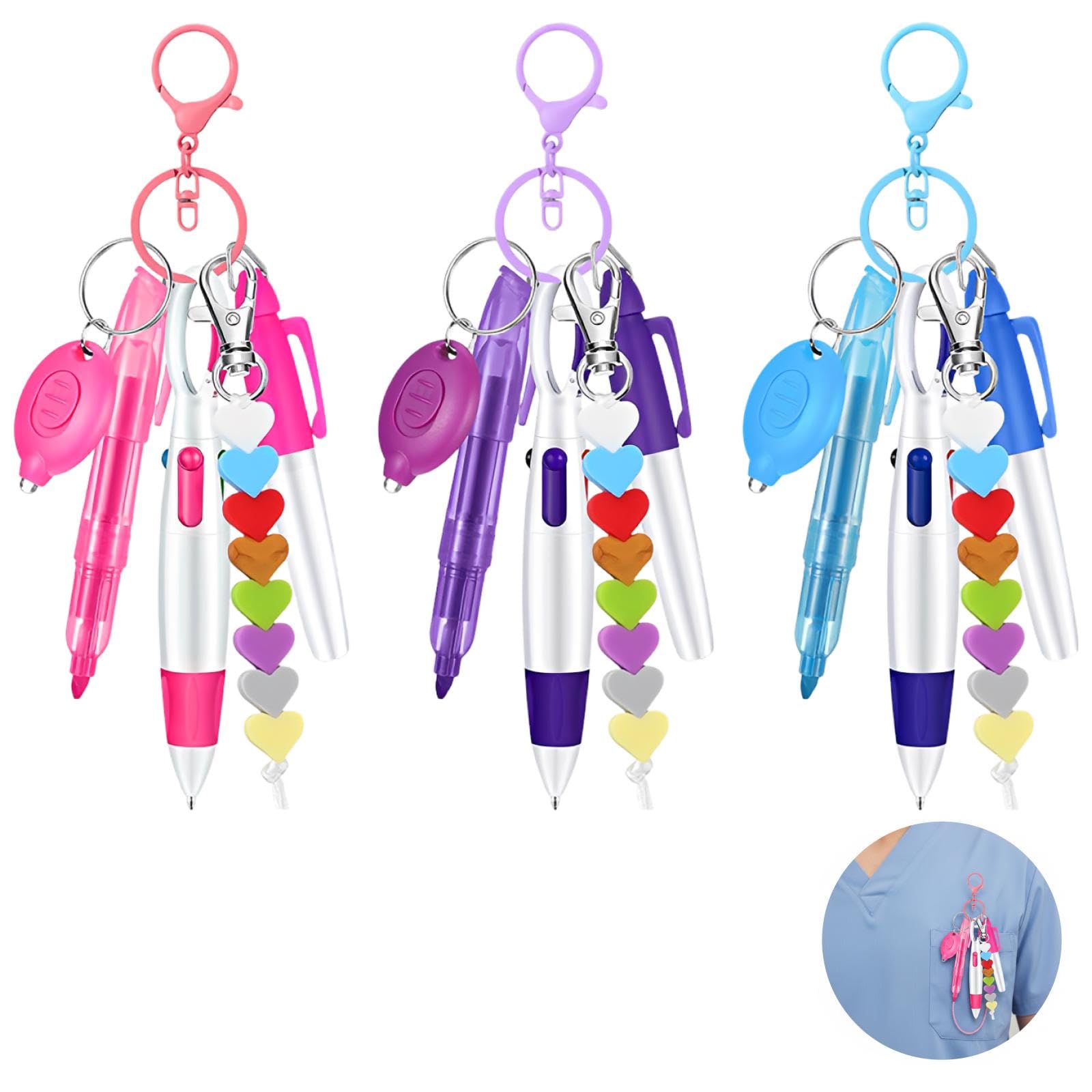Stylo badge pour infirmières, lot de 3, stylo bille rétractable avec clip porte-clés, marqueur permanent, mini lampe LED, décor perles cœur, cadeau pour étudiants infirmiers, 3 couleurs
