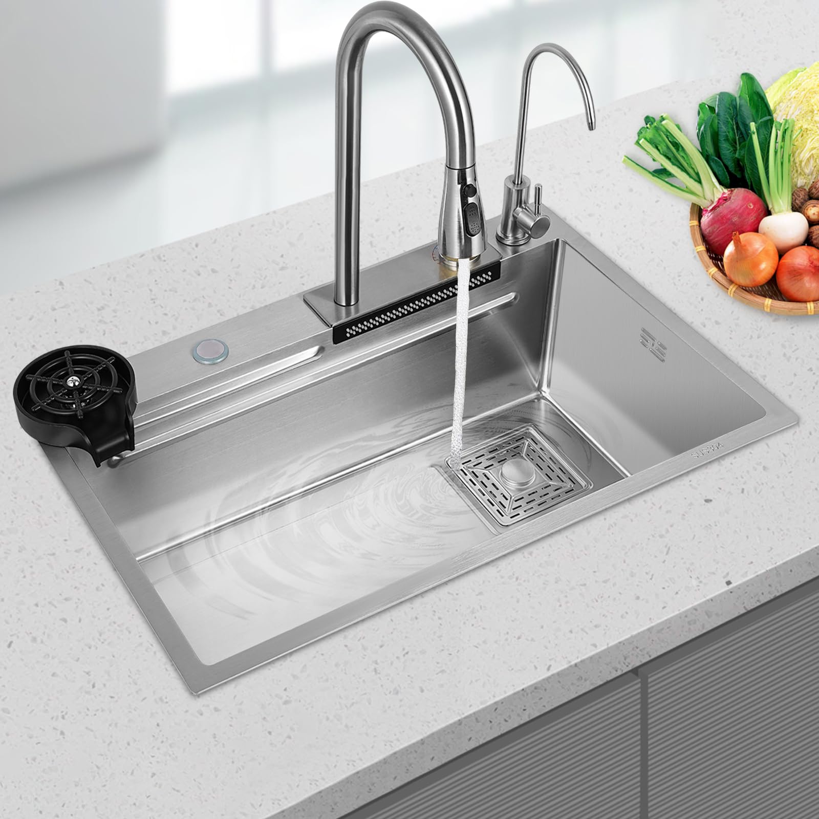 Lavandino da cucina a cascata, lavello in acciaio inox, lavelli per la casa, lavello integrato con rubinetto rimovibile