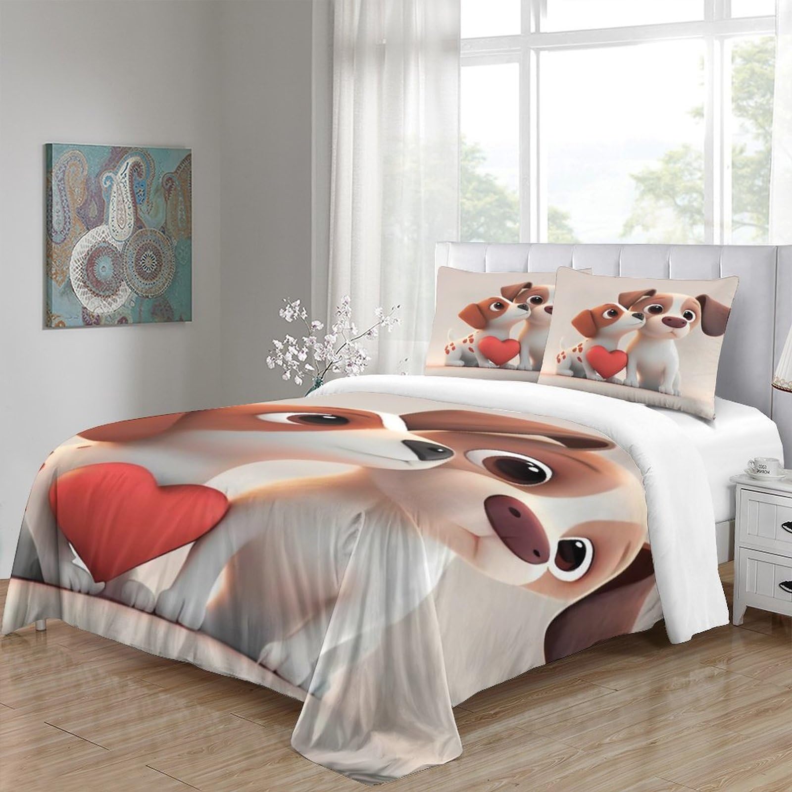 Niedliche Cartoon 3D Druck Hund Duvet Cover Mikrofaser Schlafzimmer Dekor Welpen Pärchen Bettwäsche Set Hautfreundlich Atmungsaktiv für Erwachsene Jugendliche Super King（260x220cm）