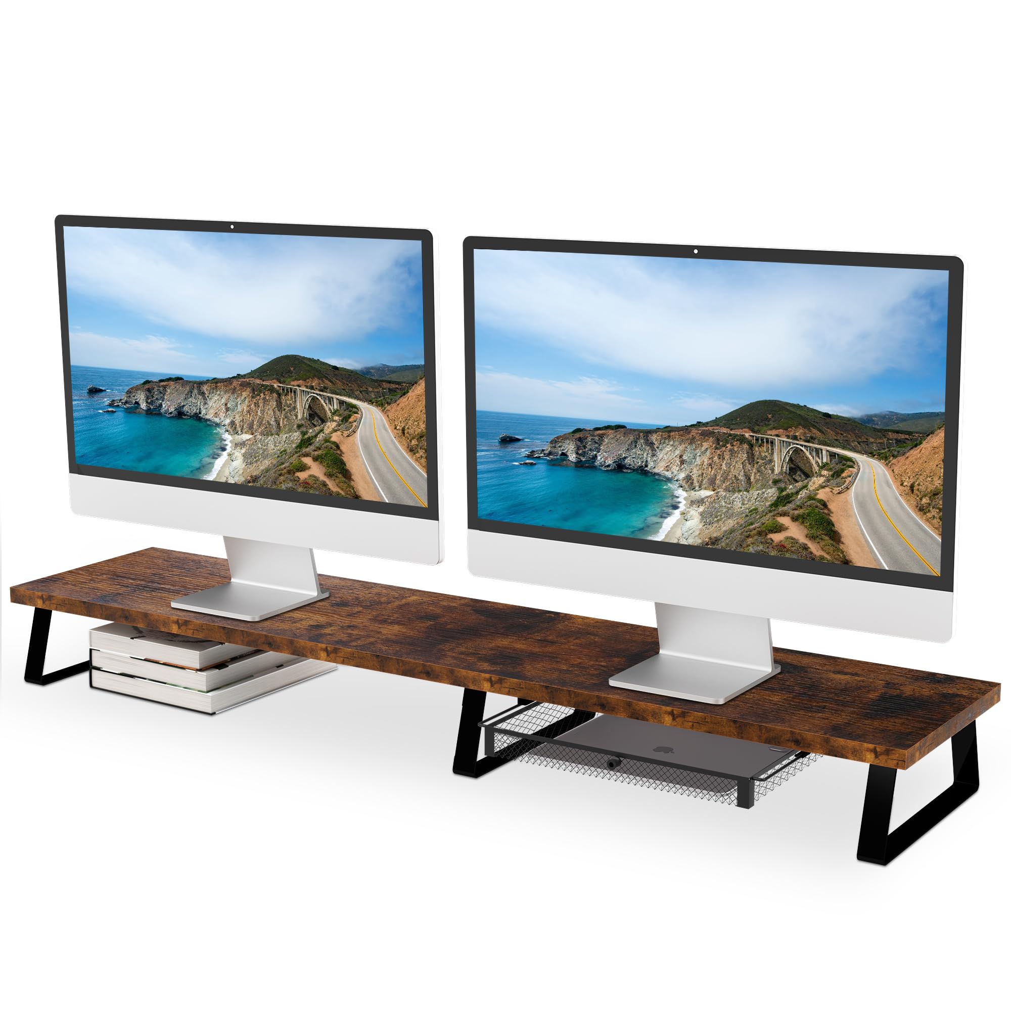 Aothia Supporto per monitor di grandi dimensioni con cassetto, supporto per doppio monitor in legno, ergonomico