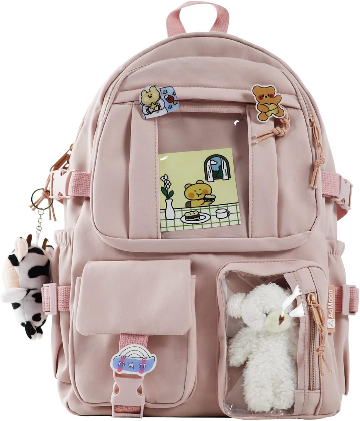 AoMoon Kawaii Backpack Lovely Pastel Rucksack for Teen Girls Aesthetic Student Bookbags with Kawaii Pin and Cute Accessories (Pink-C) One Size