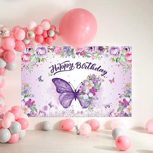 Miniatura 5 de Telón de fondo de mariposa de feliz cumpleaños para niñas y mujeres, decoración de fiesta de cumpleaños, mariposa morada, letrero de cumpleaños,