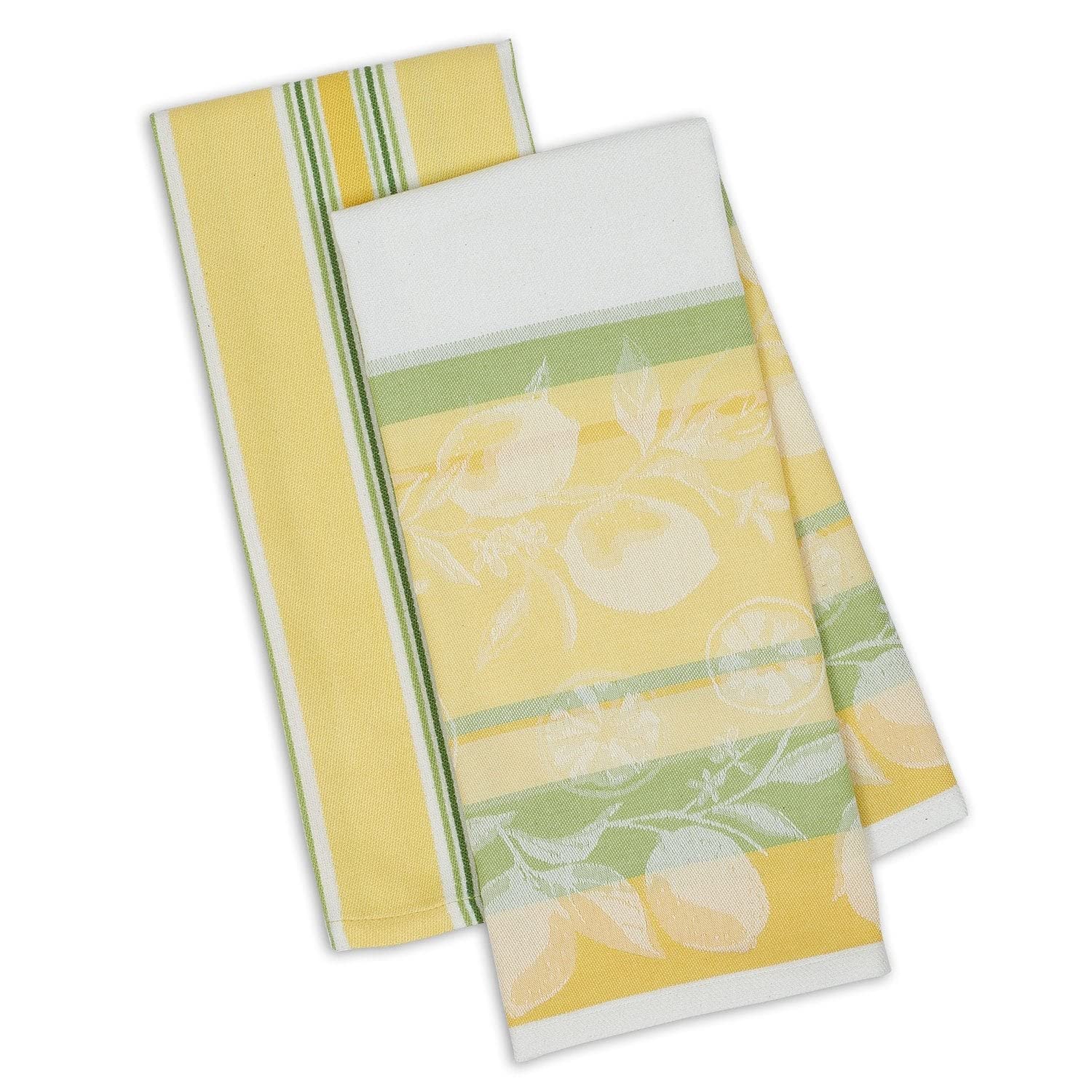 DII Kitchen Dish Towel Set 2 Riviera Lemons Yellow Green Includes 1 Lemon Print & 1 Stripe