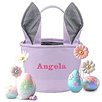 Vista 8 de Cesta de Pascua personalizada, cestas de Pascua de PEMIRSAYO para niños, cesta de conejo de Pascua, color rosa