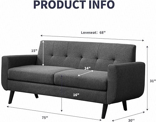 Miniatura 2 de Sofá biplaza de 68 pulgadas con cojín tapizado de 5.9 pulgadas, cómodo sofá de tela con patas de madera y asiento acolchado para sala de estar,