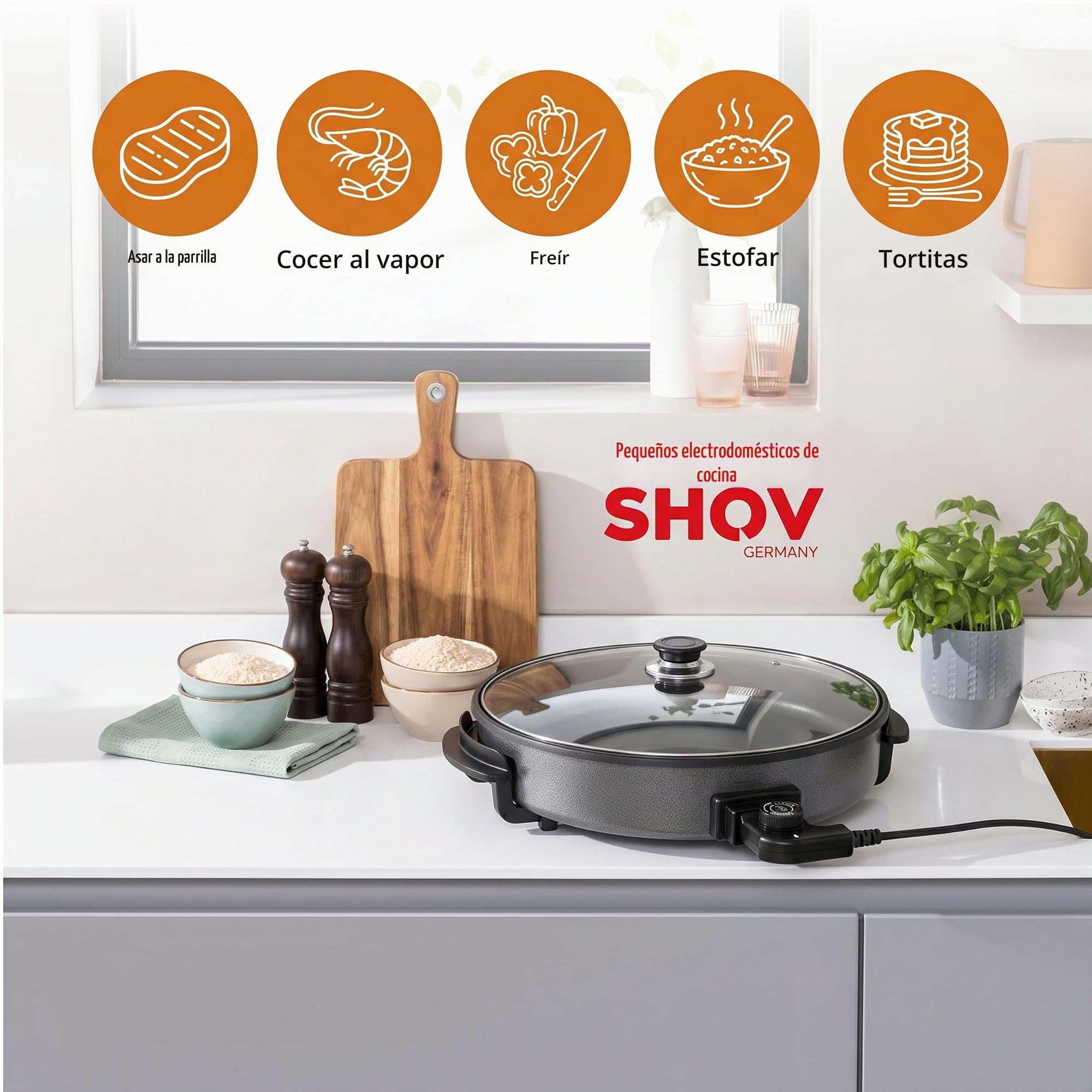 Shov Sartén eléctrica para pizza y multibräter XL – 48 cm de diámetro, 7 cm de profundidad | Sartén antiadherente y tapa de vidrio | 1500 W | Termostato ajustable para pizza, paella, giroscopios y