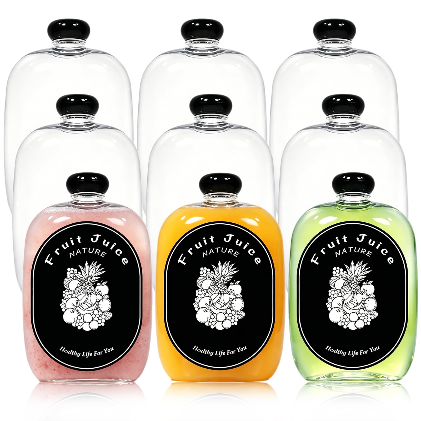 JFBAOLAO 12 Pack 250ml Flat Plastic Juice Bottles with Black Lids