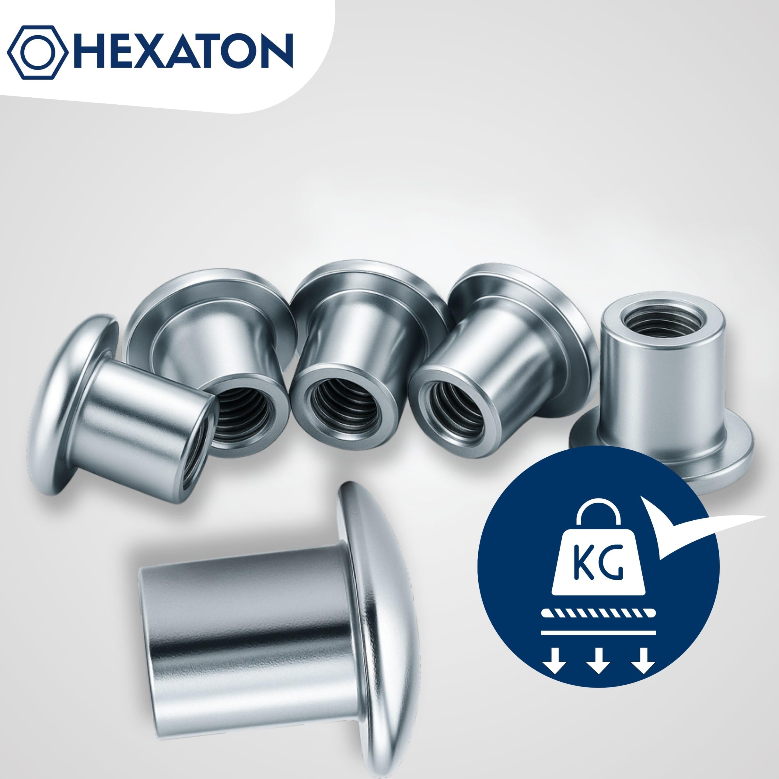 HEXATON Dadi a Manicotto M10 x 20 x 13 mm - 100 Pezzi - Dadi Esagonali per Mobili a Testa Tonda con Flangia e Cava Esagonale - Acciaio Zincato
