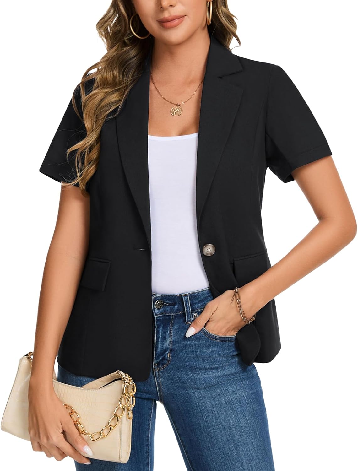 MINTLIMIT Womens Blazers Jacket Suit Short Sleeve Button Front Casual Cotton Linen Jackets Tailored Blazer Coat Outfit for Daily/Work,Black,2XL - Image 4