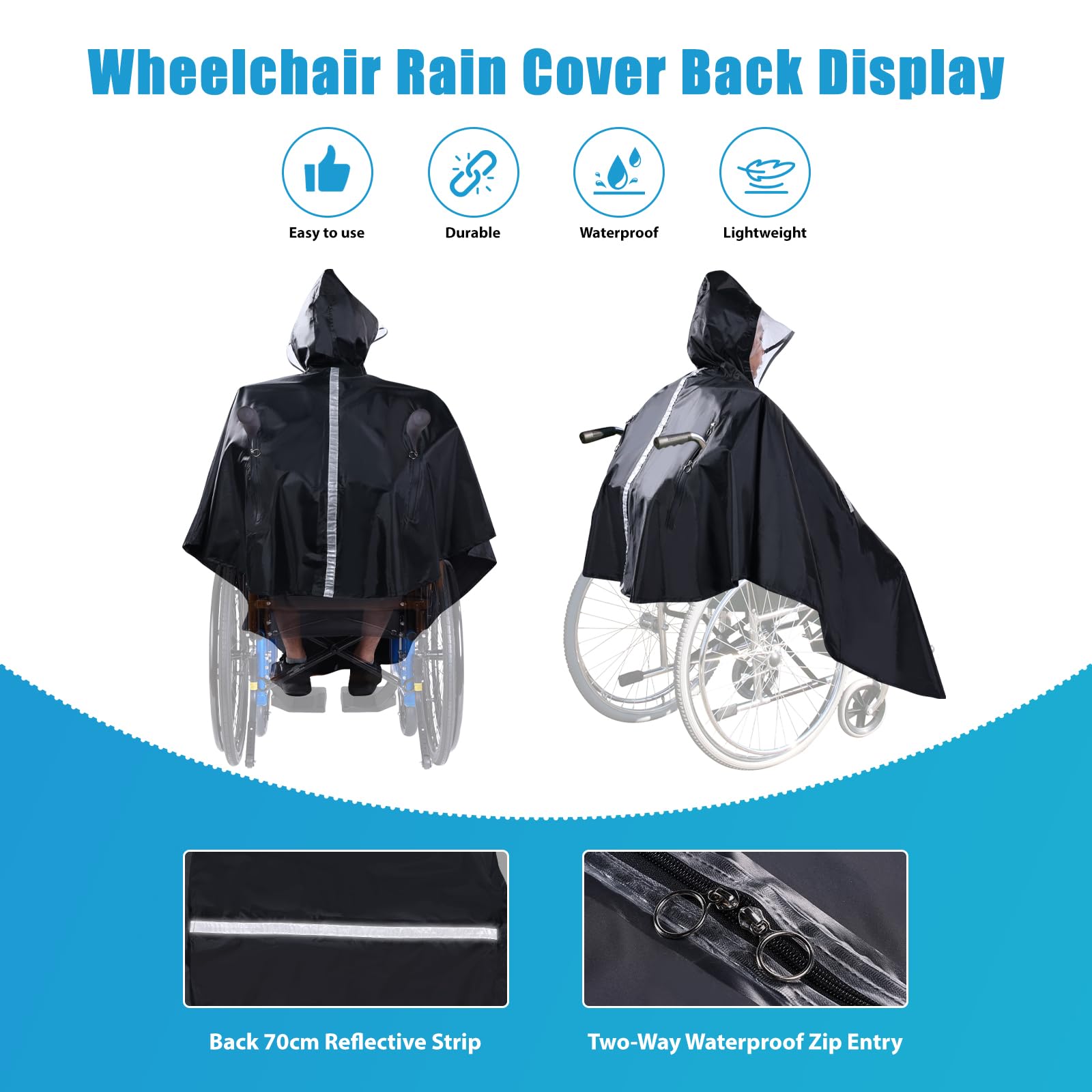 Funda Poncho Lluvia para Silla de Ruedas con Capucha Semitransparente, Chubasquero Silla de Ruedas con cremallera impermeable y tiras reflectantes, Wheelchair Raincoat para andador movilidad y scooter