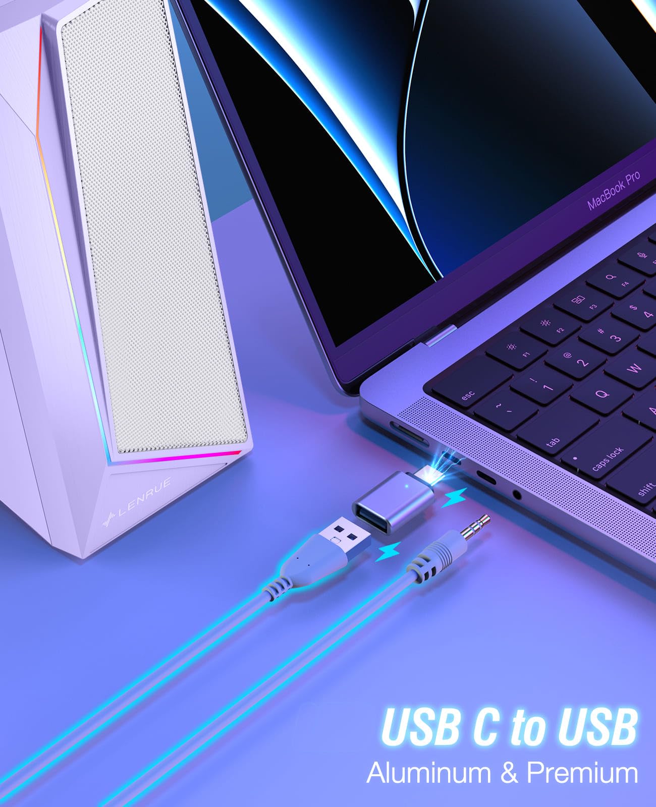 LENRUE Altoparlanti per computer, audio AUX alimentato tramite USB/USB-C per altoparlanti del PC con suono stereo forte, ingresso cuffie, luci touch per desktop, computer, laptop, scrivania