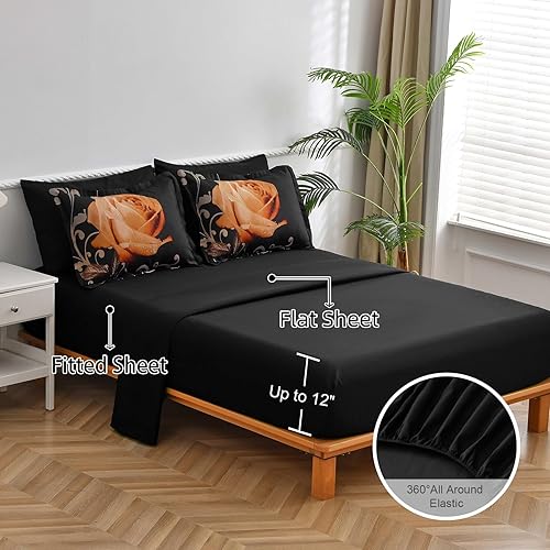 Miniatura 3 de Xruibed Juego de edredón floral tamaño King de 7 piezas en una bolsa, edredón de flores de rosa naranja con juego de sábanas de microfibra suave (1