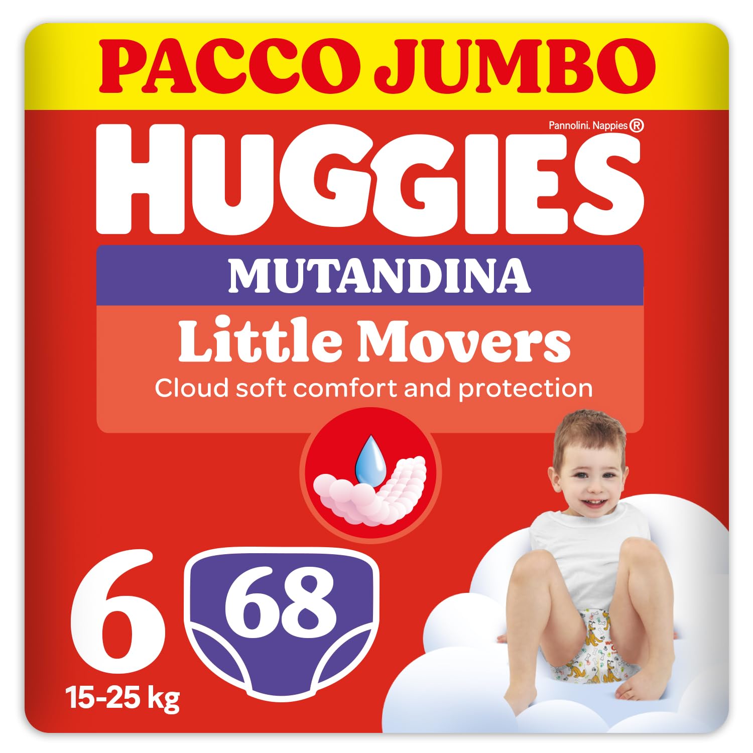 Huggies Little Movers Pannolino Mutandina, Taglia 6 (15-25 Kg), Ultra assorbente, Pacco Jumbo, Confezione da 68 Pz