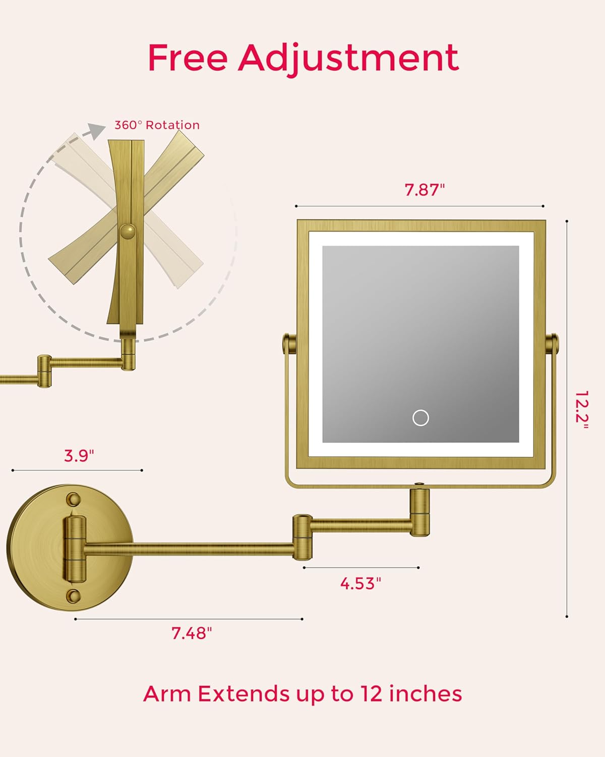 Rechargeable Wall Mounted Makeup Mirror with Lights, 4000mAh Double Sided 1X/10X Magnifying Vanity Mirror with 3 Color Lights, Touch Dimmable, 360° Extension Foldable Arm (Antique Brass)
