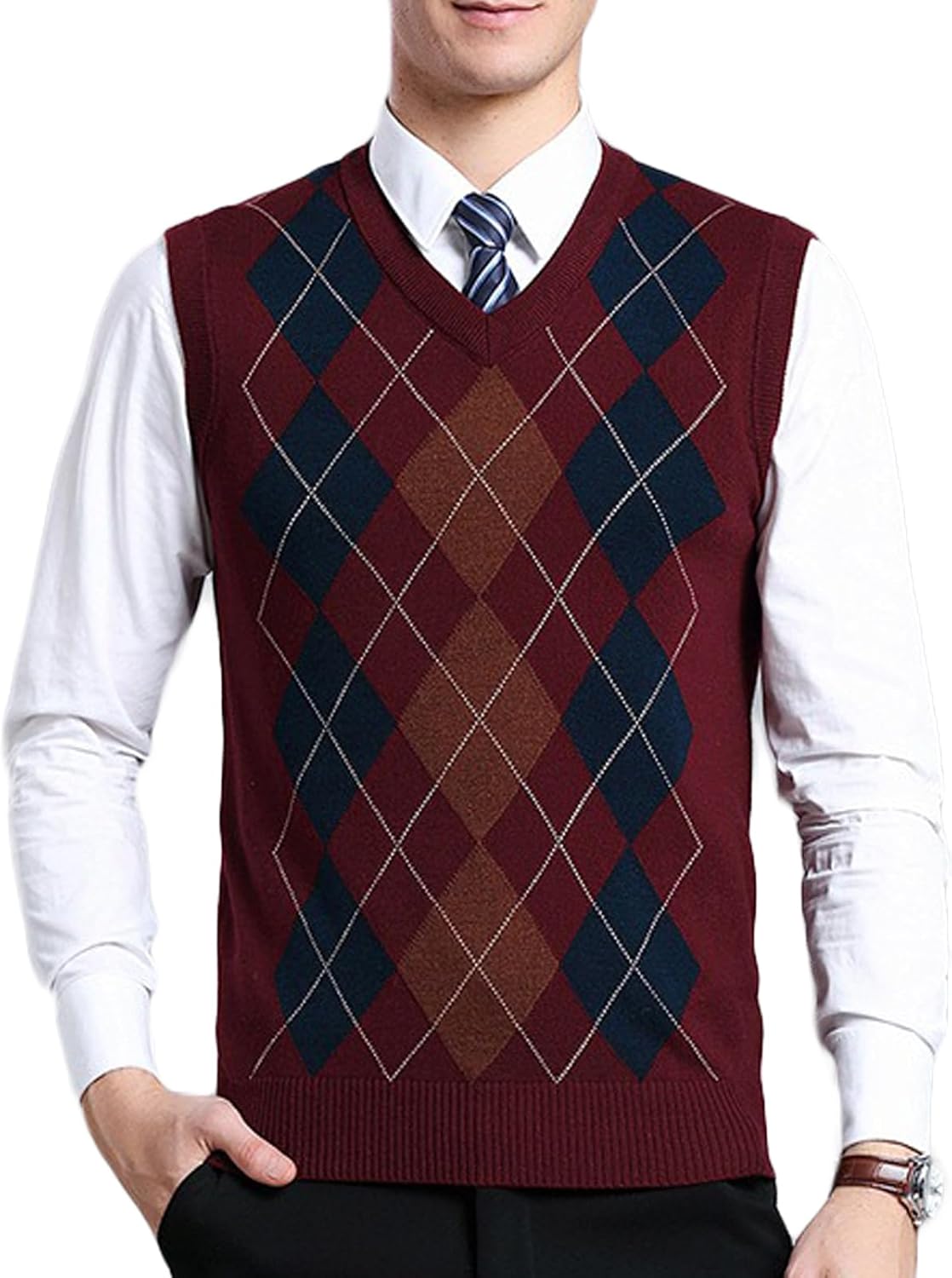 ZUEVI Men's Sweater Vests V-Neck Sleeveless Knitted Pullover Sweaters Relax Fit Classic Striped Vest Knitwear