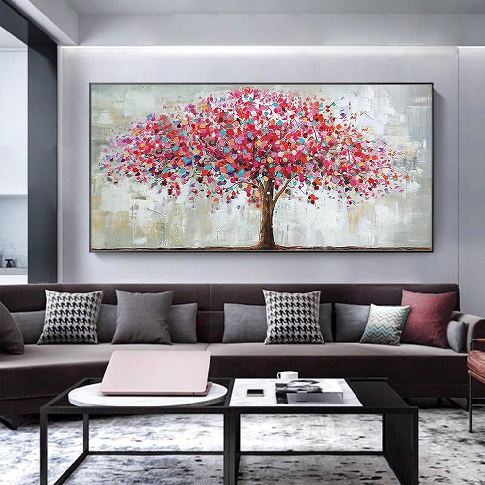 Mintura Handgemaltes Ölgemälde auf Leinwand großer roter Baum 70 x 140 cm