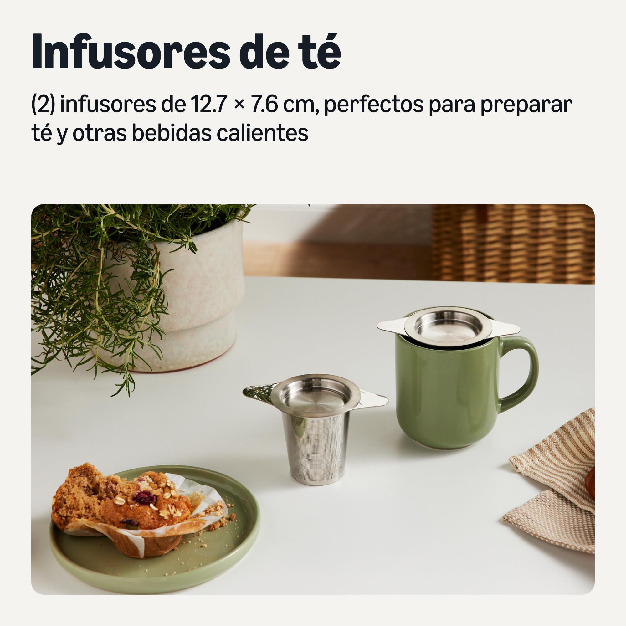 Amazon Basics Infusor de Té para Hojas Sueltas con Tapa, Juego de 2 Piezas, Acero Inoxidable, Resistente a la Oxidación y Apto para Lavavajillas