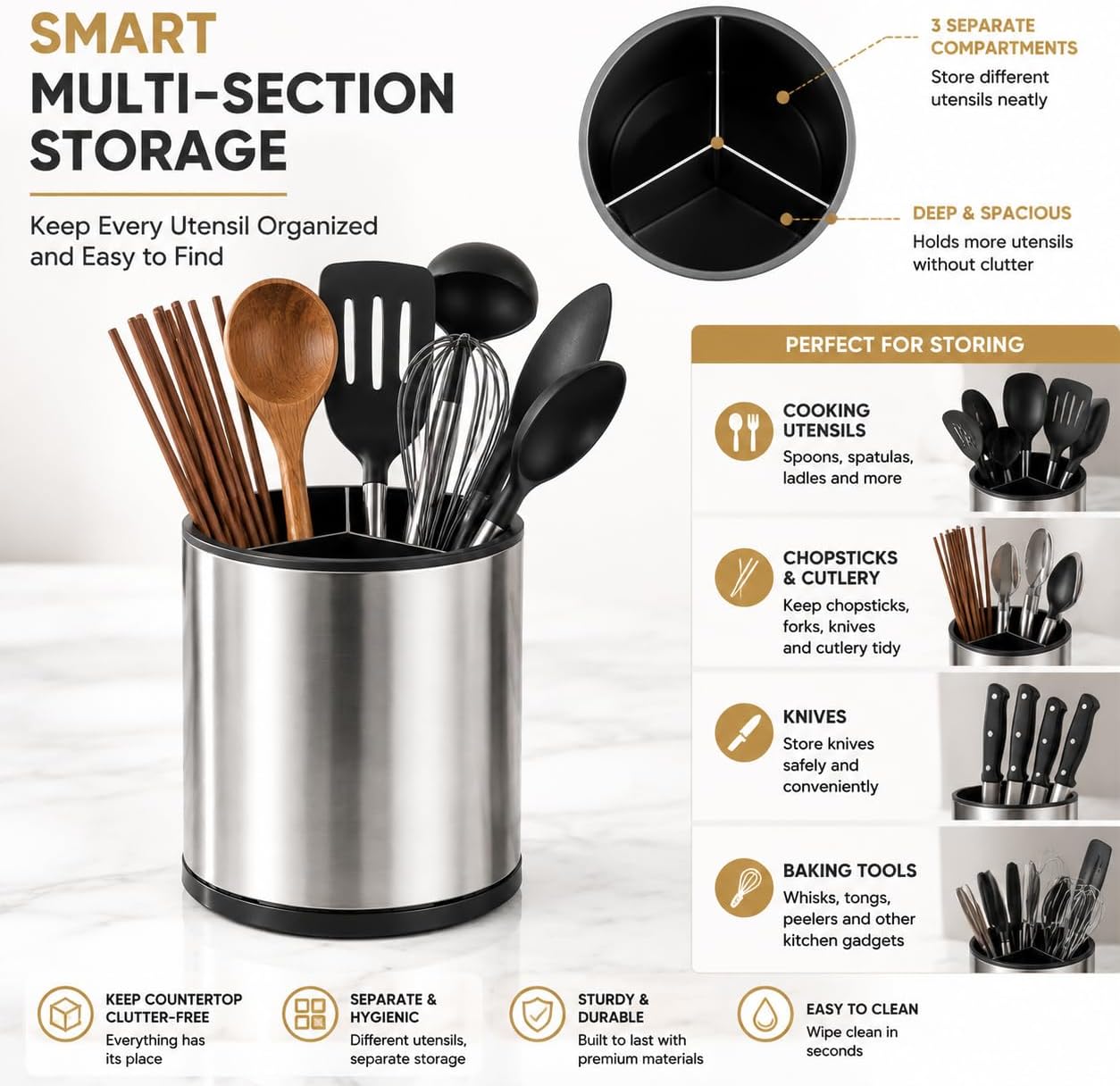 360° Rotating Stainless Steel Utensil Holder for Kitchen Countertop Large Capacity Cutlery Organizer Caddy for Spoons, Forks, Knives Durable Metal Flatware Storage Rack