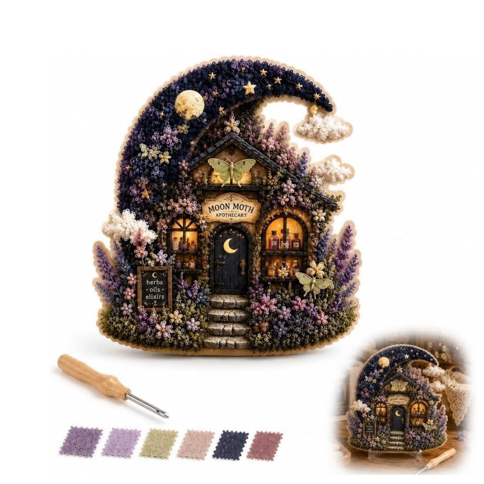 Whimsical Village 3D Fabric Poke Art Kit, Floral Mushroom Cottage (#C)