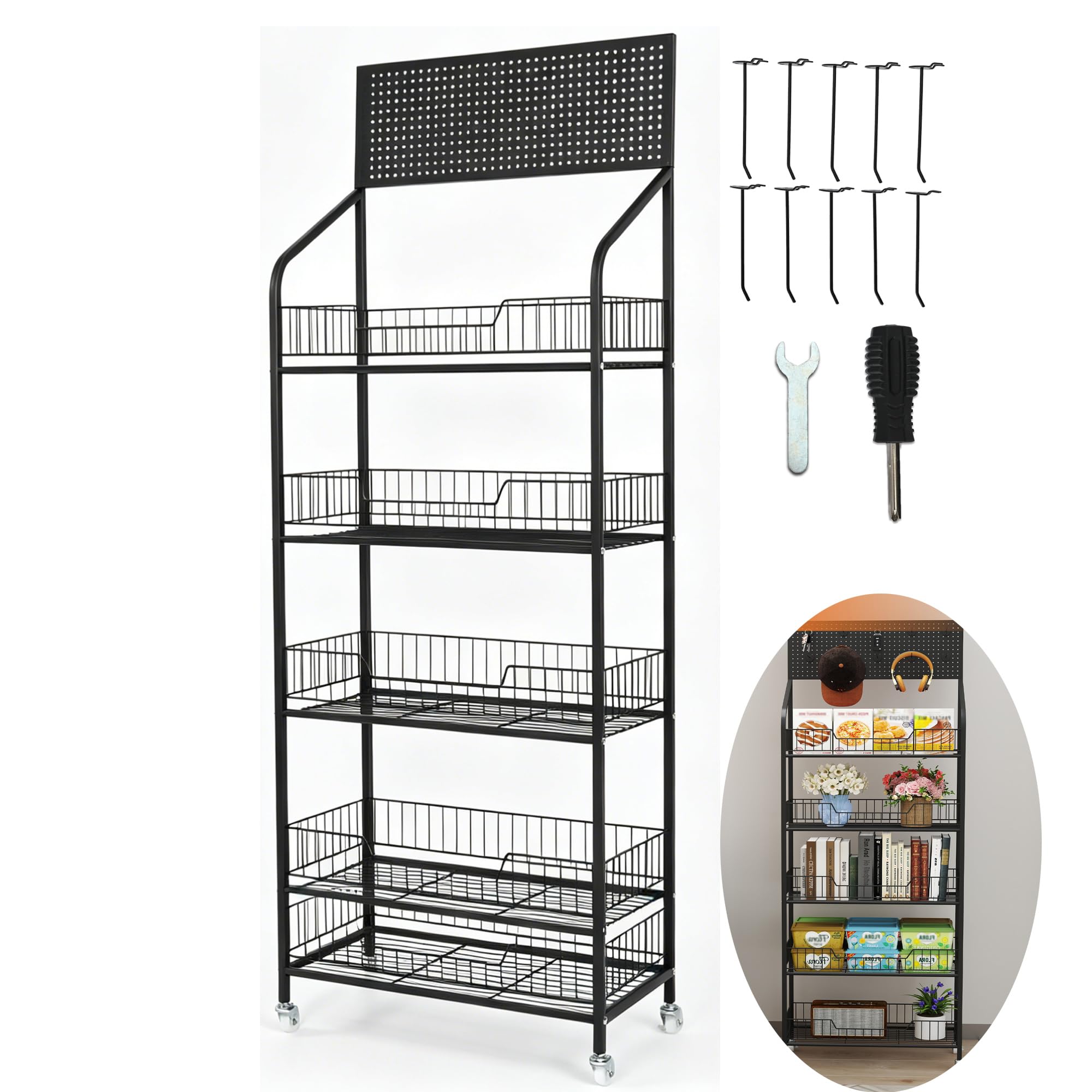 tonchean 5 Tier Retail Display Stand Snack Display Rack Organizer on Wheels 360° Rotating Pegboard Display Stand Metal Shelving Unit with Hooks for Office Cafe Stores Shops Kitchen Superma