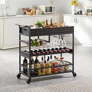 Lovitgo Bar Cart Black for The Home, 3 Tier Wine Cart with Removable Tray, Bar Serving Carts on Lockable Wheels with Handle, Drink Cart with Wine Rack and Glass Holder for Kitchen Living Dining Room