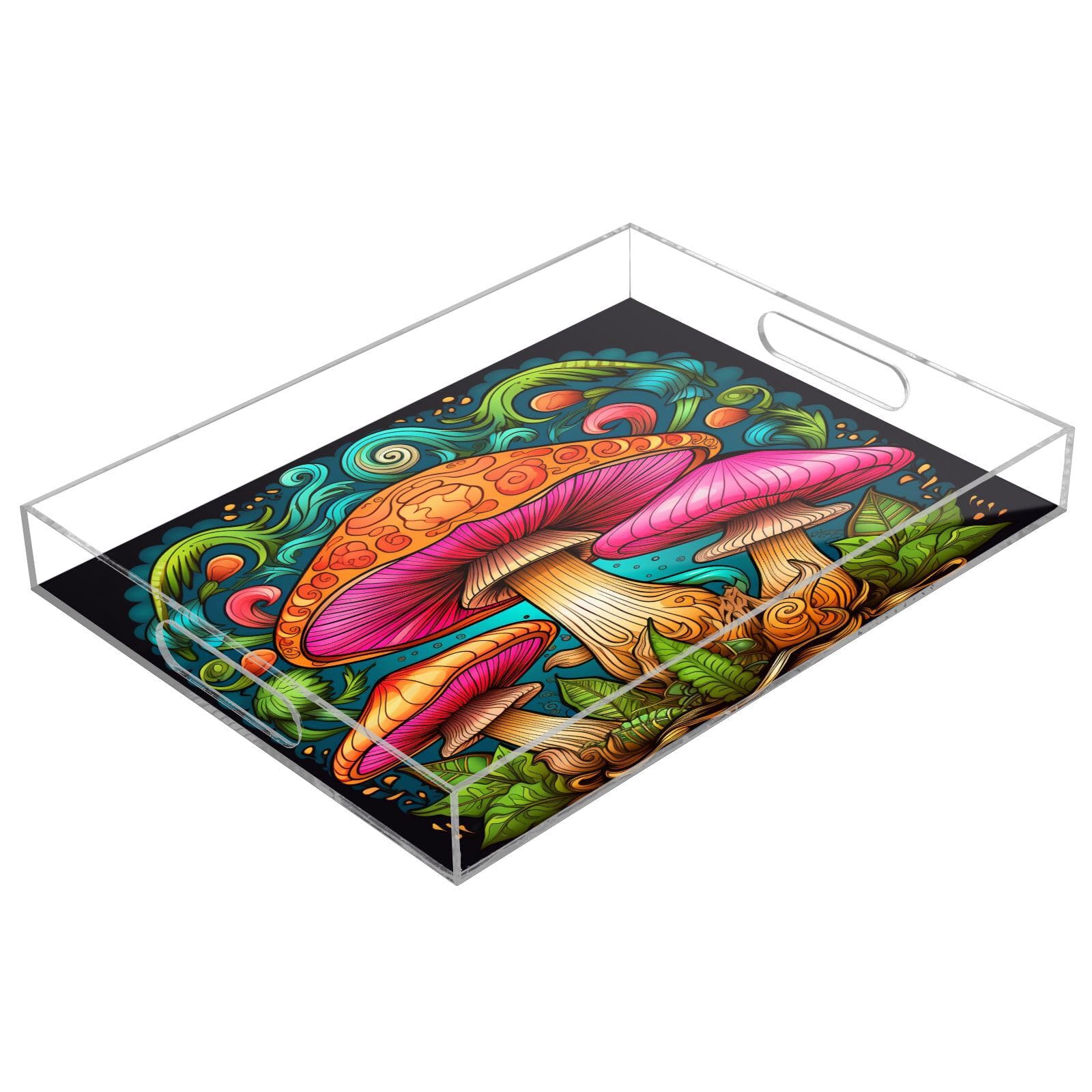 IOACIY Clear Serving Tray 12x16 Inches Acrylic Decorative Tray Organiser for Ottoman Coffee Table Countertop with Handles, Cute Mushroom (1)