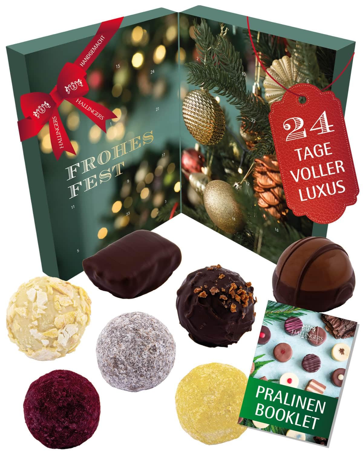 Hallingers Genuss Manufaktur Vegane Pralinen Adventskalender - mit & ohne Alkohol, handmade aus Confiserie-Edelkakao in wertigem Softfeel-Karton "Weihnachtsstimmung", Weihnachtskalender für Frauen