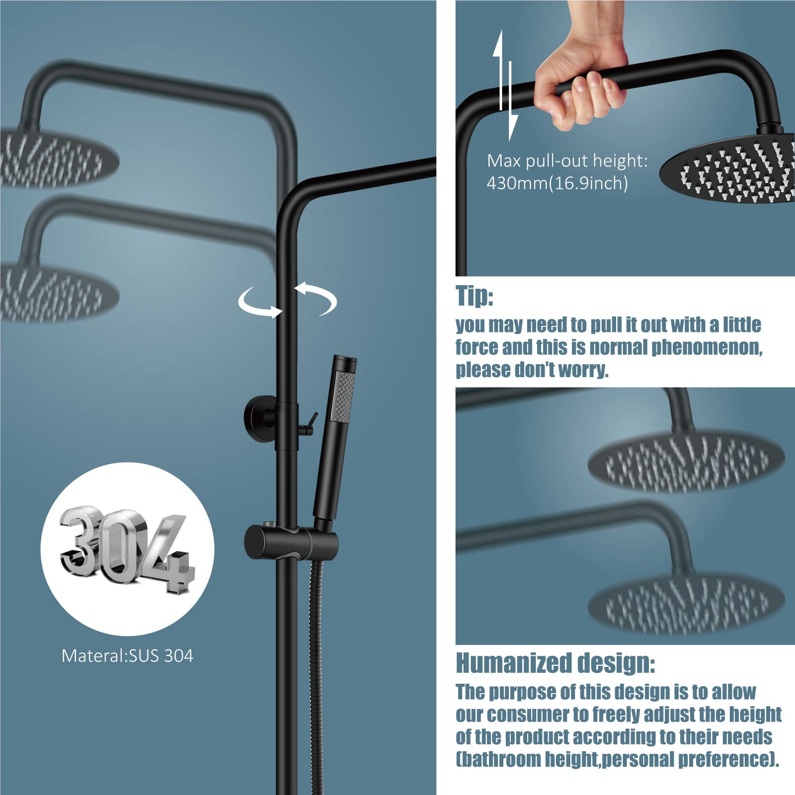 Aolemi Outdoor Shower Faucet Combo – Matte Black 304 Stainless Steel, 8-Inch Rainfall Shower Head & Hand Spray, Wall-Mounted Dual Function With Adjustable Height