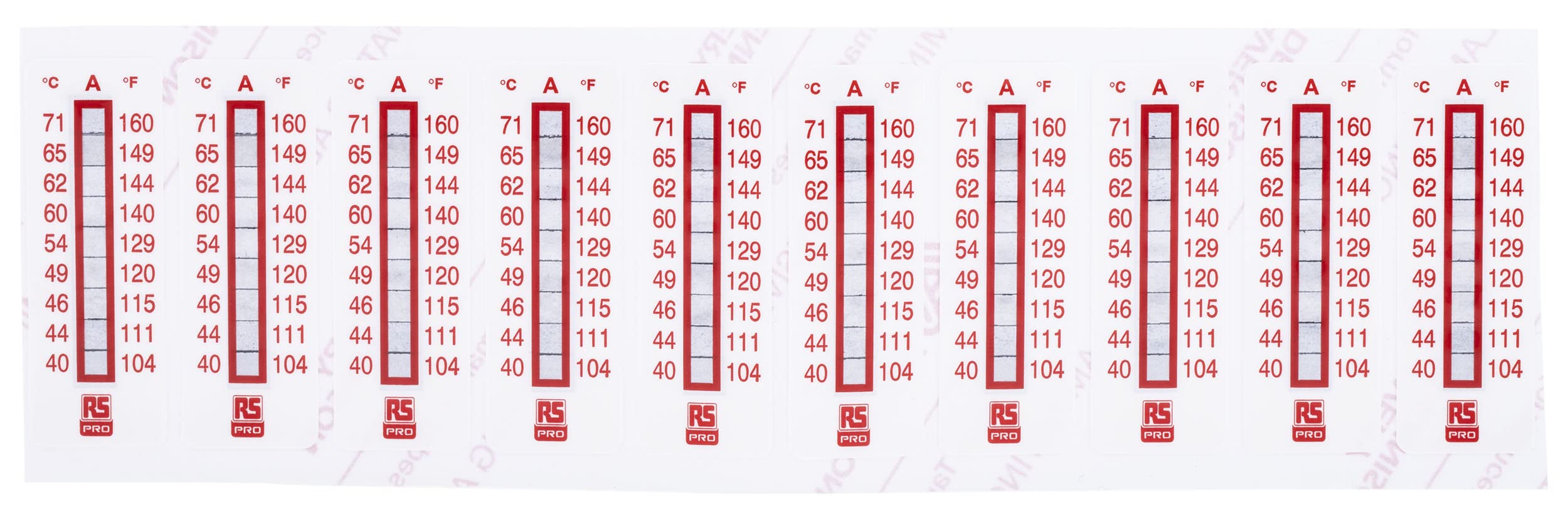 RS PRO Medidor de temperatura 40 °C / 71 °C, 9 rangos de medición 10 unidades, vertical, 51 mm, ancho de 18 mm, paquete de 10 unidades