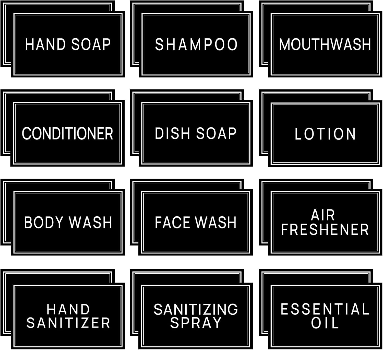 24 PCS Minimalist Style Bathroom Labels for Bottles, Hand Soap Shampoo and Conditioner Dispenser Labels Waterproof,Self-Adhesive Stickers for Dish Soap, Lotion Mouthwash Black