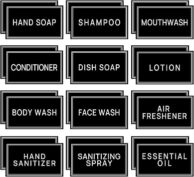 24 PCS Minimalist Style Bathroom Labels for Bottles, Hand Soap Shampoo and Conditioner Dispenser Labels Waterproof,Self-Adhesive Stickers for Dish Soap, Lotion Mouthwash Black