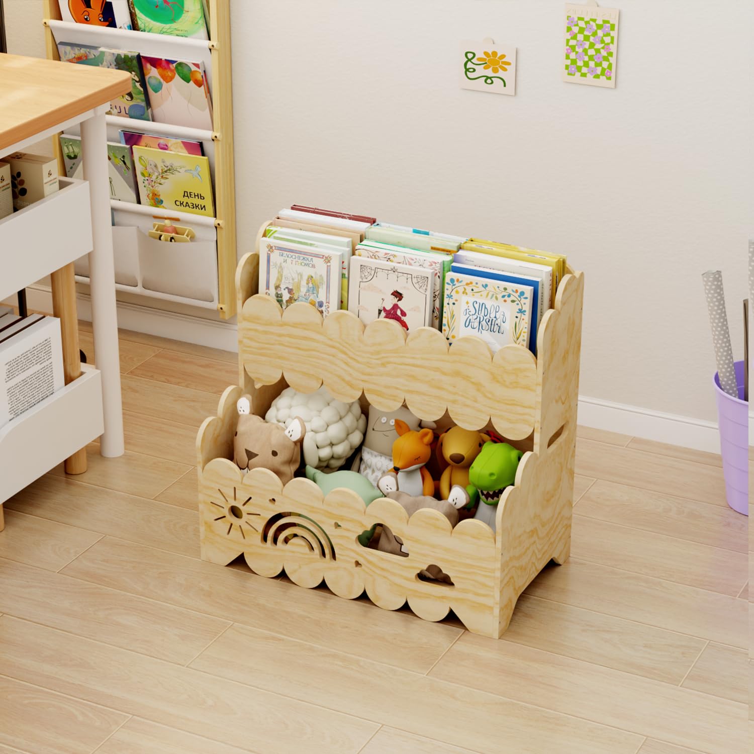 Étagère en Bois pour Enfants, étagère Montessori à 2 Niveaux, idéale pour Les Chambres d'enfants, Les crèches et Les salles de Classe, étagères de Rangement pour Livres et Jouets