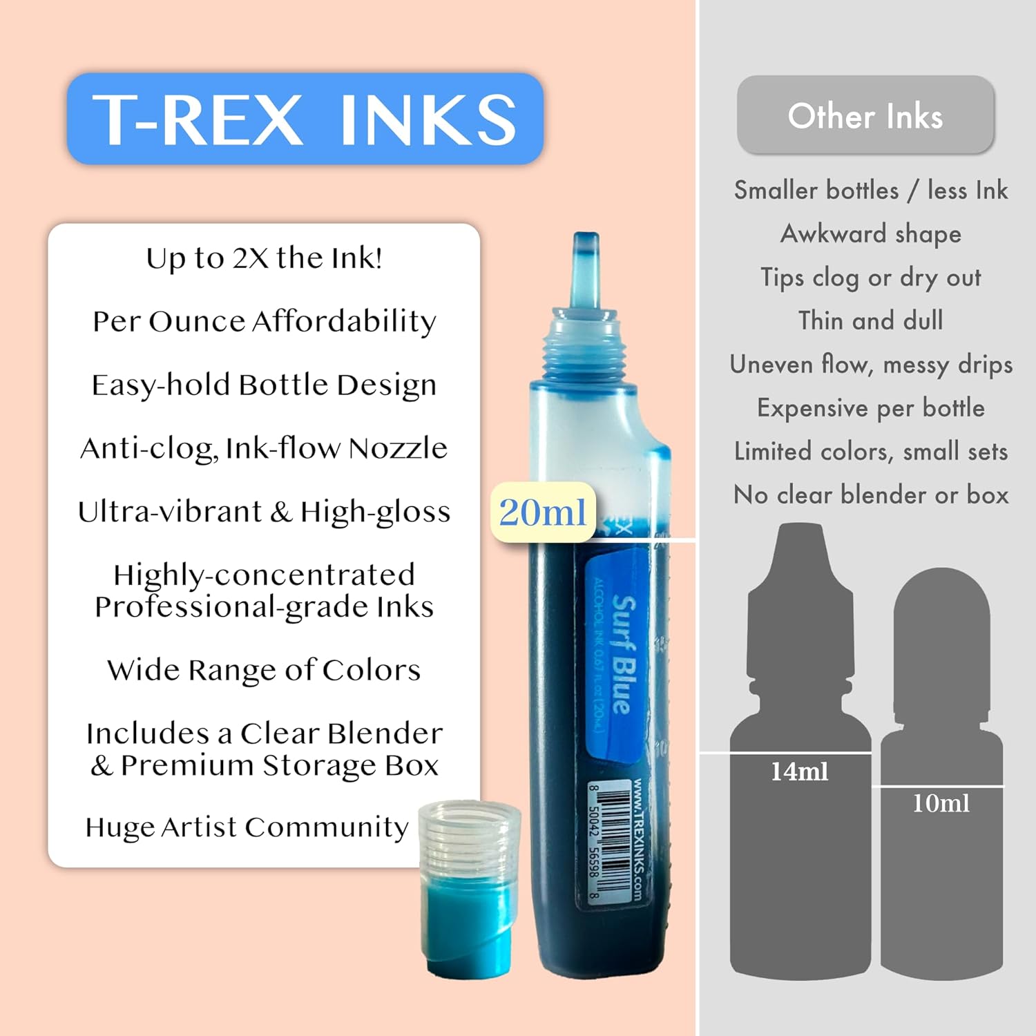 T-Rex Inks Starter Palette Alcohol Ink Set - Vibrant Professional Quality, 16 Colors, Huge 20ml Bottles, Intensely Saturated, High Gloss, for Painting, Tumblers & Epoxy Resin Art