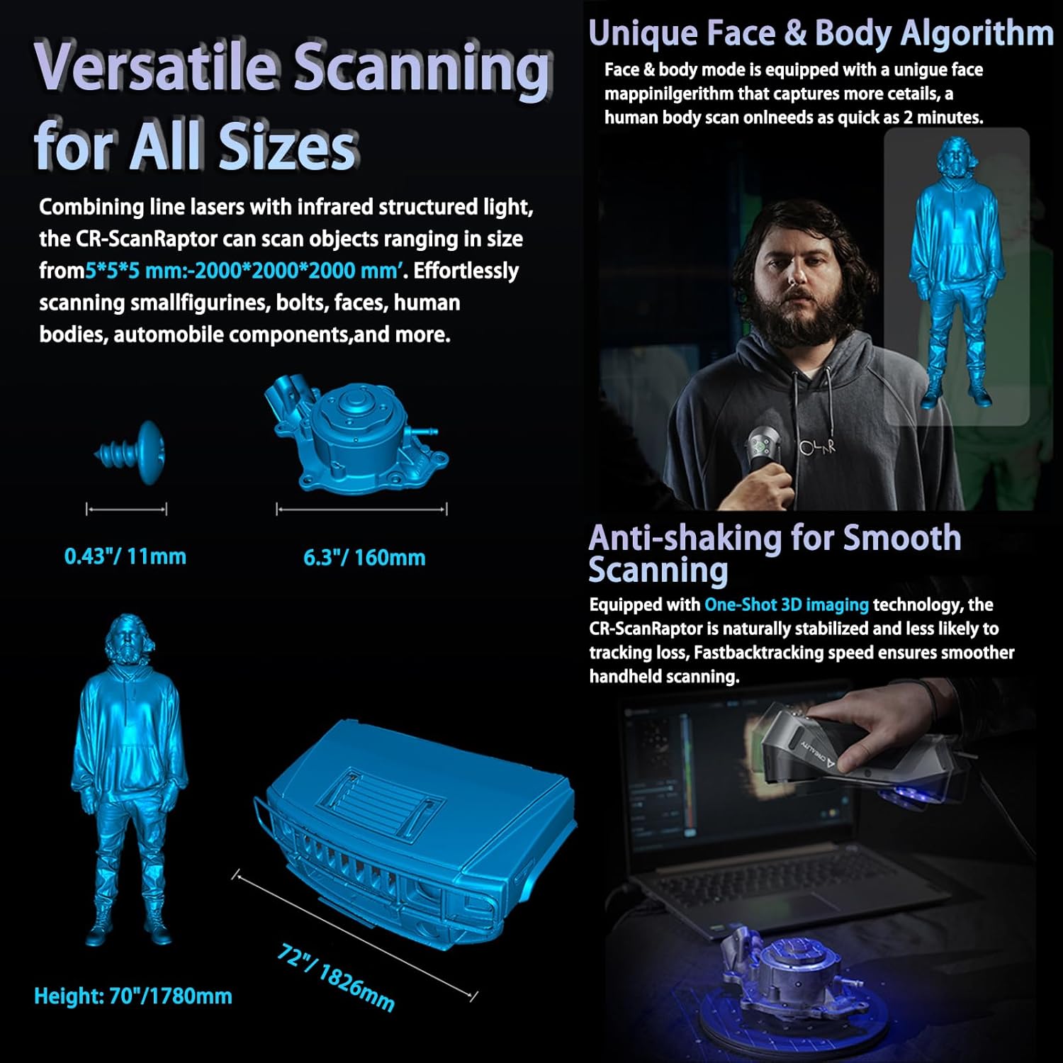 Creality CR-Scan Raptor 3D Scanner for 3D Printing 0.02mm Accuracy 60fps Multi-Line Blue Light and NIR Consumer Grade Handheld Scanner 24-bit Fast Full Color Scanning for Windows macOS