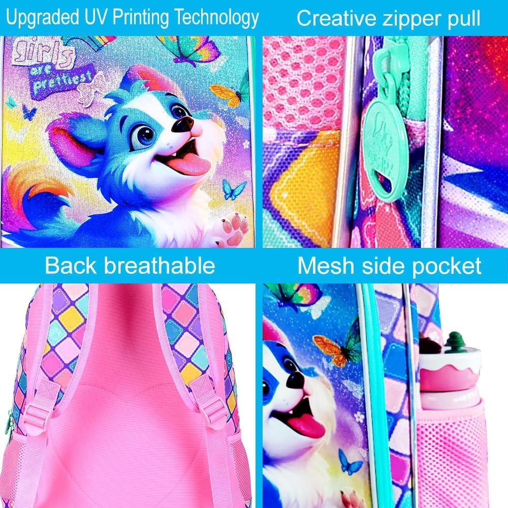 KLFVB 3PCS Girls Dog Backpack, Water Resistant Kids Bookbag with Lunch Box, 16" Preschool Backpacks for Elementary - Blue Dog