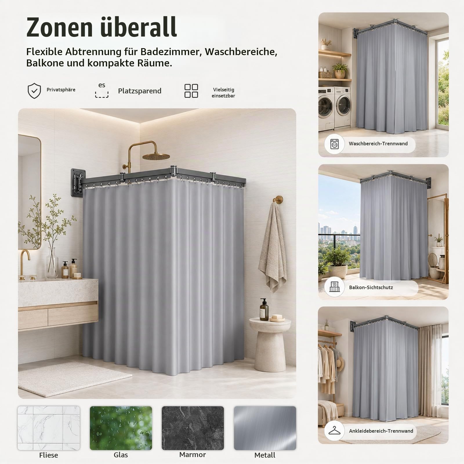 Duschvorhang Ohne Bohren - 1.8x2m Faltbare Duschvorhangstange, Wasserdicht Duschvorhang mit Stange, für Badezimmer, Ecken, Umkleideräume