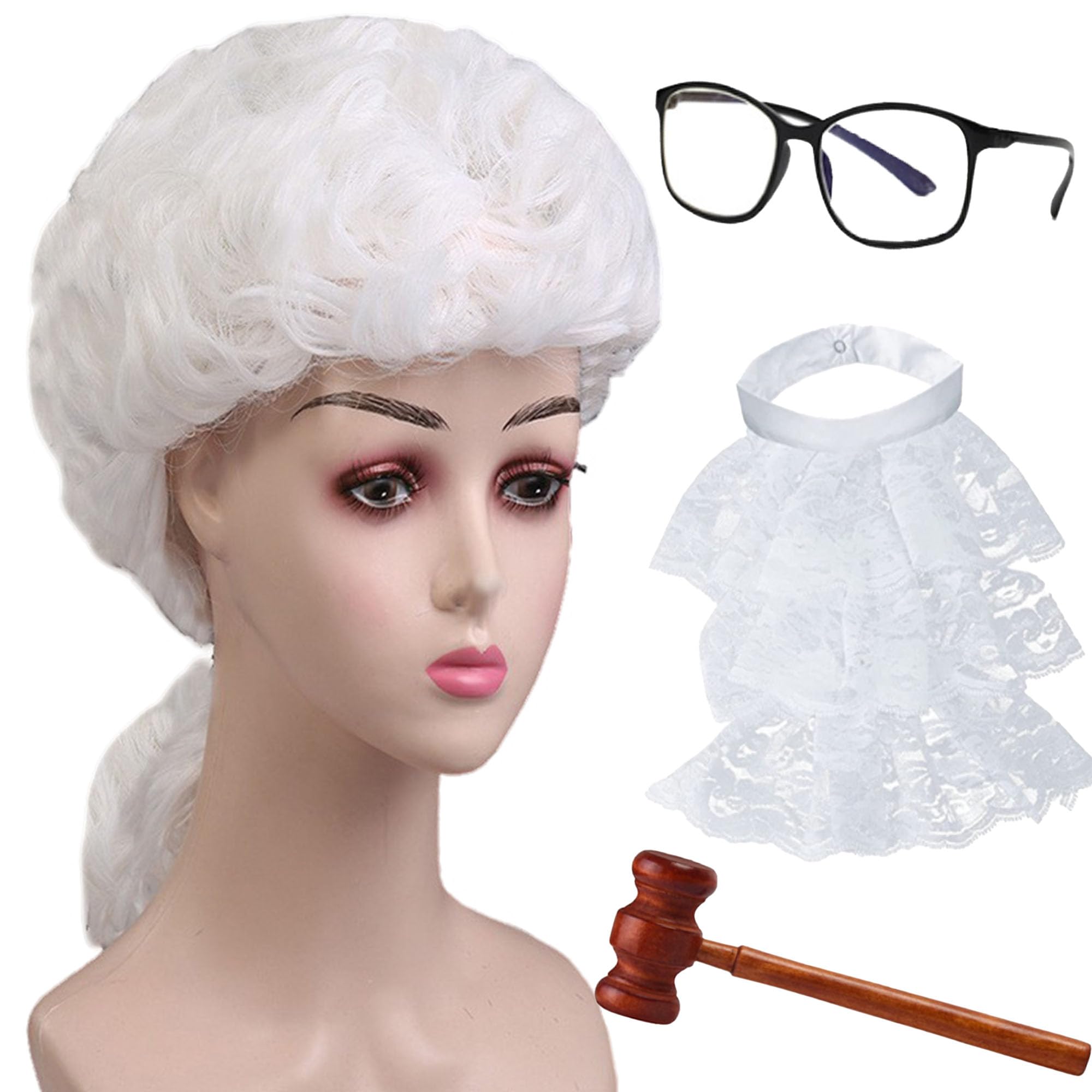SQAQS 4pcs Judge Wig, Judge Costume Accessories with Glasses, Gavel and Collars, Judge Court Lawyer Wig, Role-playing Props