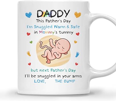 Gossby Personalized Baby Bump Coffee Mug for Soon to Be Dad Blue - Custom Happy First Fathers Day 2026 Gift from Pregnancy - Snuggled in Mommys Tummy - New Father