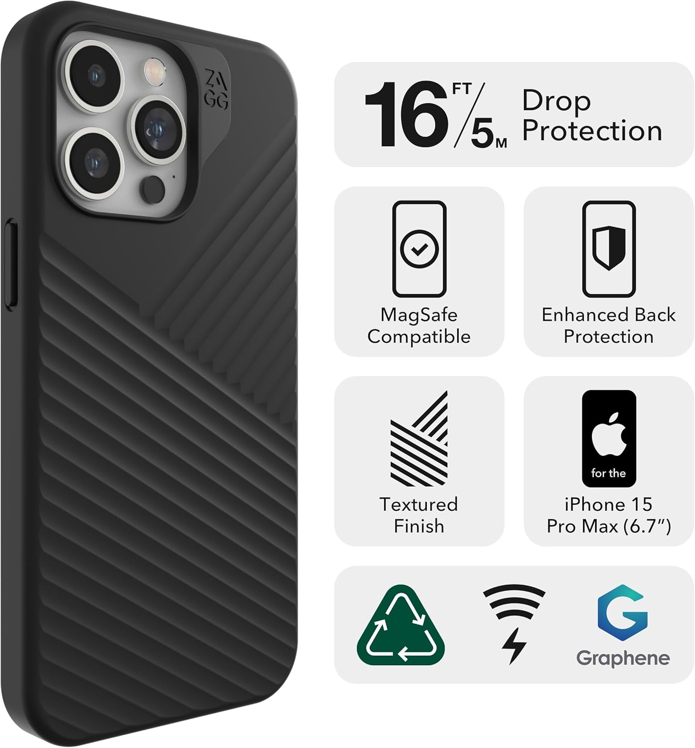 ZAGG Denali Snap iPhone 15 Pro Max Case - Drop Protection (16ft/5m), Dual Layer Textured Cell Phone Case for iPhone 15, No-Slip Design, MagSafe Phone Case, Black
