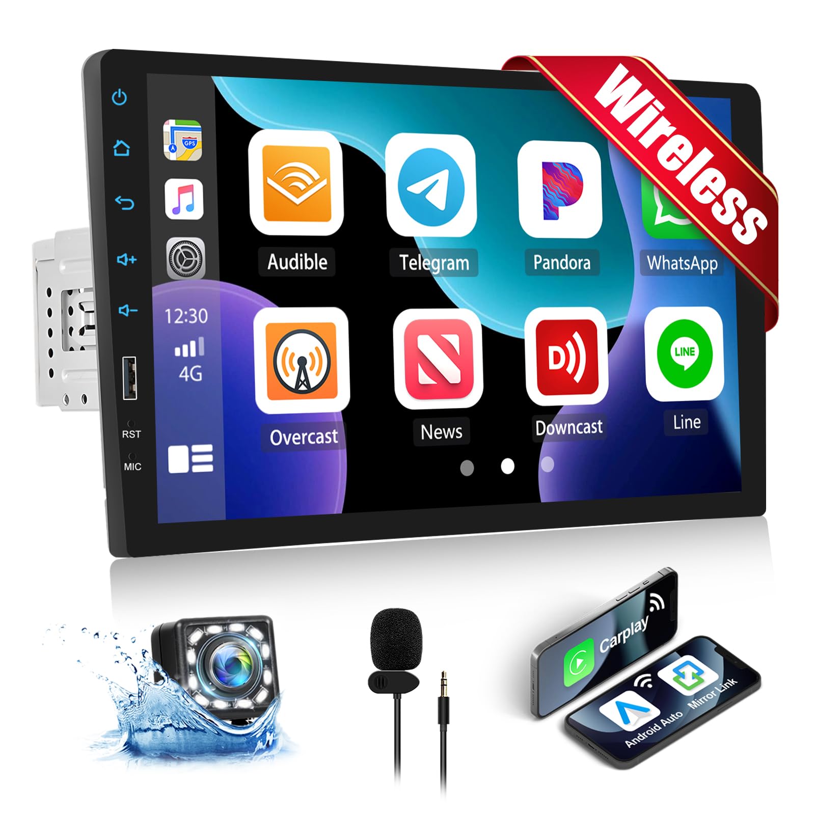 CAMECHO Autoradio 1 Din con Senza Fili Carplay Android Auto Schermo 9 Pollici Bluetooth Radio Touch Display con Telecamera Posteriore Mirror Link FM SWC USB Comandi al Volante