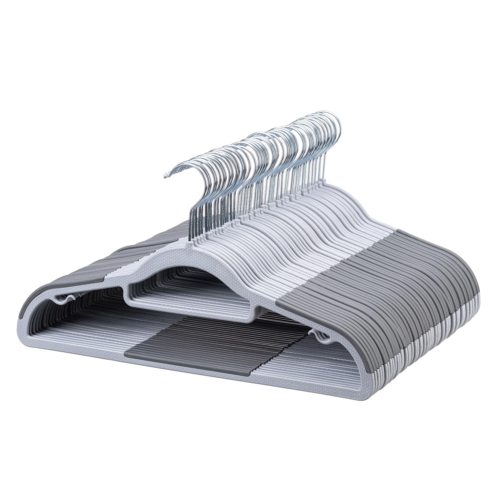 Grucce in plastica resistente, confezione da 50, antiscivolo, design salvaspazio, sottili 0,5 cm, grucce in plastica per camicie, pantaloni e indumenti bagnati/asciutti, grigio chiaro e