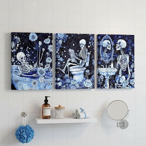 Miniatura 2 de FuShvre Decoración de esqueleto para baño, cuadros artísticos de pared de esqueleto Moody para baño, pintura gótica para decoración del hogar,