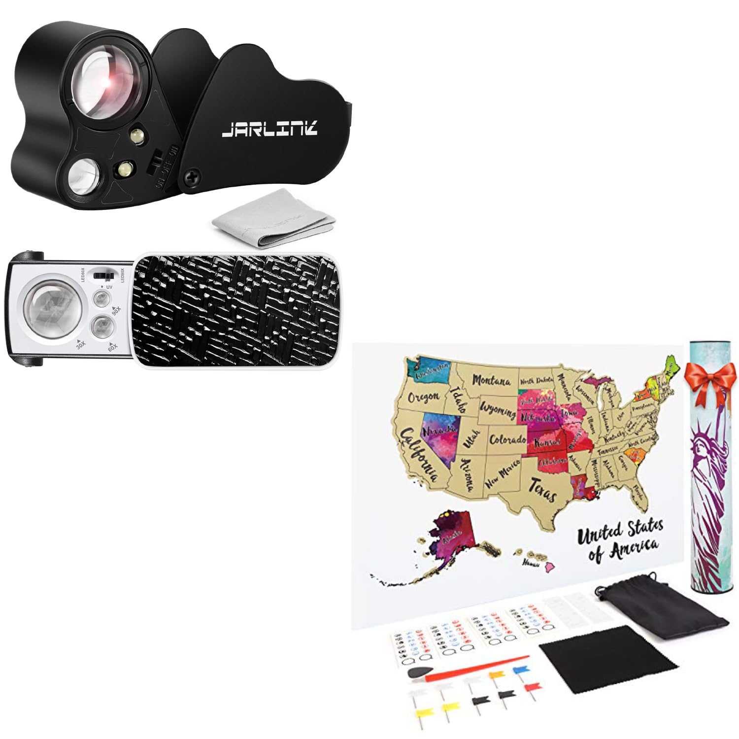 JARLINK Scratch Off USA Map Poster Bundle with 30X 60X 90X Illuminated Jewelers Eye Loupe Magnifier，Magnifying Glass with UV Black Light and Bright LED Light for Gems, Jewelry, Diamond, Coins, Stamps